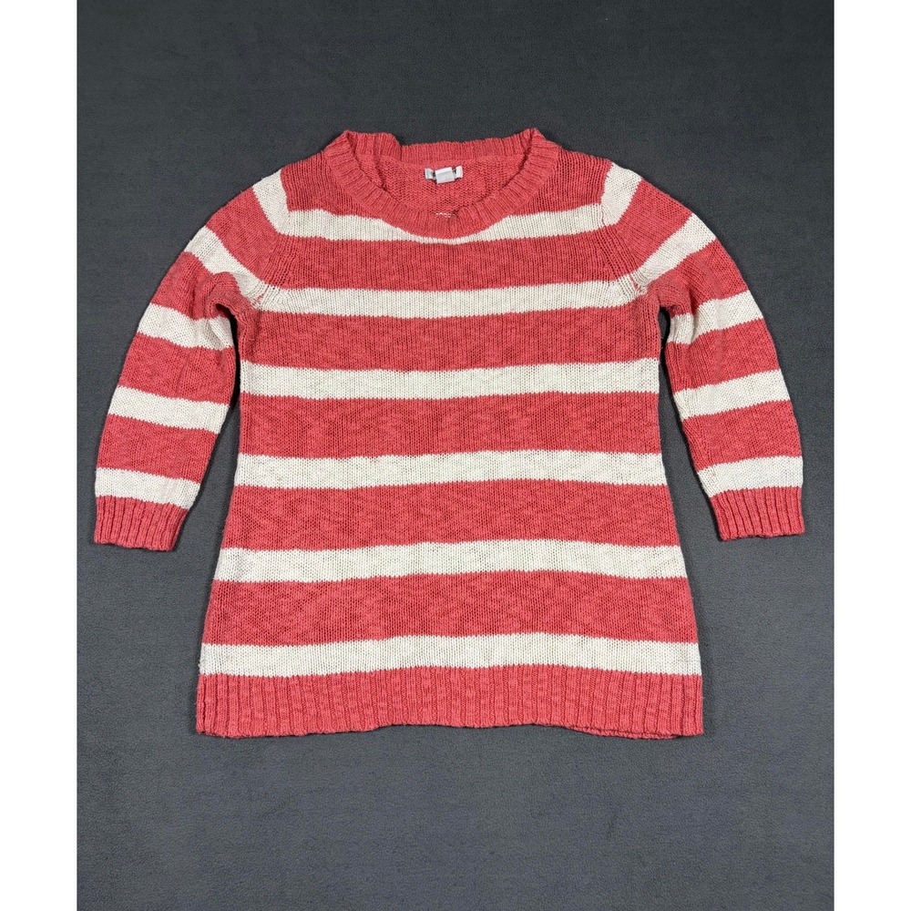Old Navy Sweater Womens Medium Red White Striped 3/4 Sleeve Knit Pullover